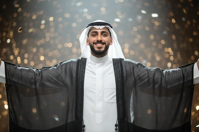رجل سعودي بالبشت الأسود والثوب التقليدي في احتفال