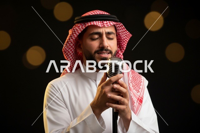 رجل سعودي يغني بميكروفون كلاسيكي في استوديو