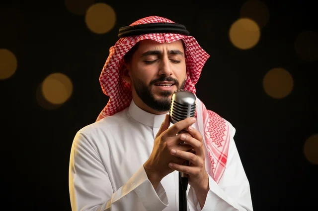 Saudi Man Singing with Vintage Microphone Studio