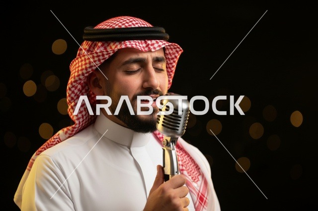 رجل سعودي يغني في ميكروفون كلاسيكي مع أضواء بوكيه