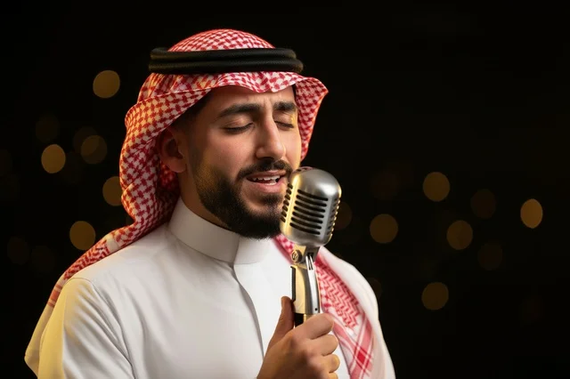 Saudi Man Singing into Vintage Microphone with Bokeh Lights
