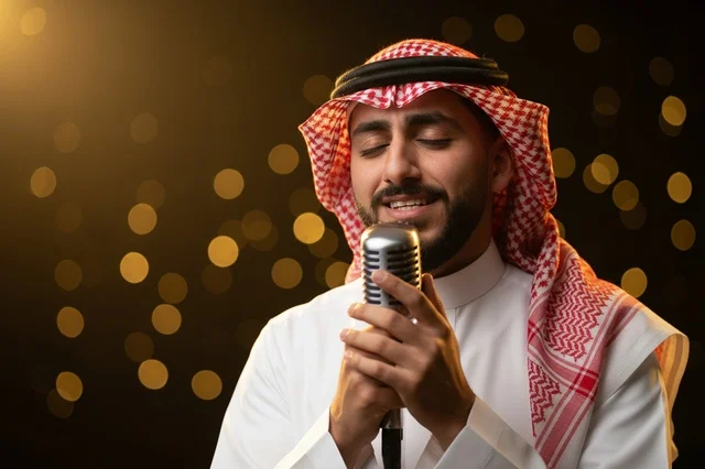 رجل سعودي يغني بميكروفون كلاسيكي وأضواء بوكيه