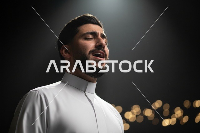 رجل سعودي بالثوب الأبيض يغني تحت الإضاءة