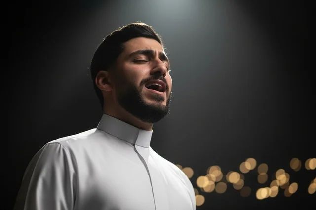 رجل سعودي بالثوب الأبيض يغني تحت الإضاءة