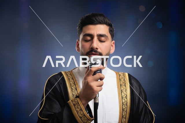 Saudi Man Singing into Microphone in Traditional Bisht