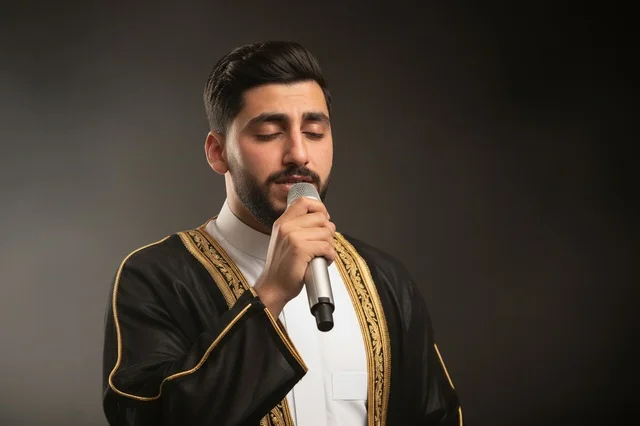 رجل سعودي يغني بالبشت التقليدي مع ميكروفون