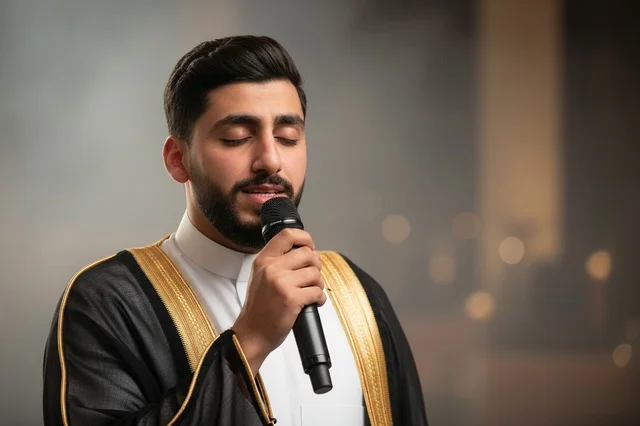 Saudi Man in Traditional Bisht Singing into Microphone