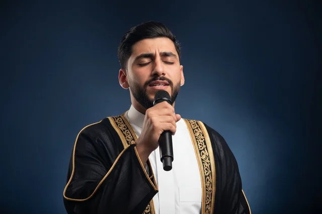 Saudi Man Singing in Traditional Bisht and Thobe