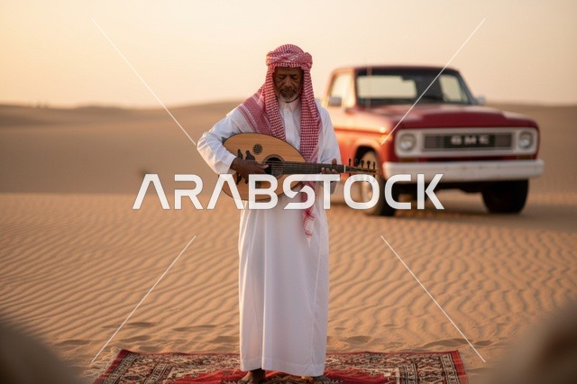 رجل سعودي يعزف العود في الصحراء مع شاحنة كلاسيكية