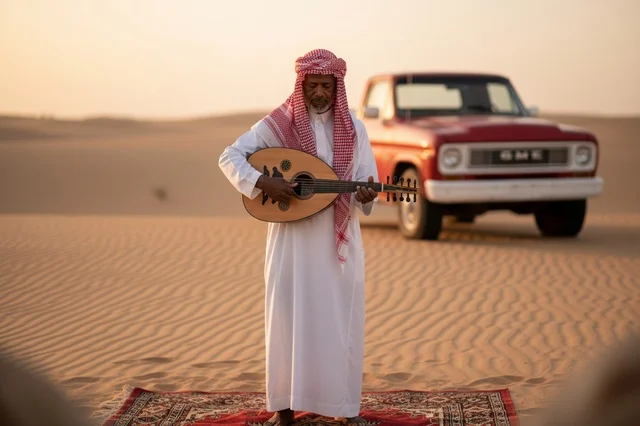 رجل سعودي يعزف العود في الصحراء مع شاحنة كلاسيكية