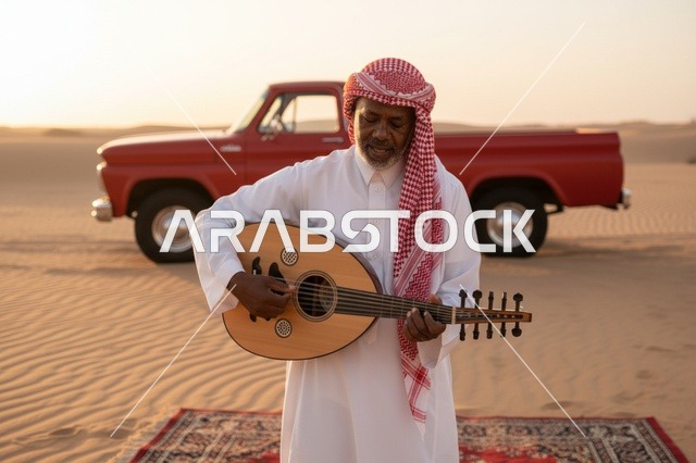 رجل سعودي يعزف العود في الصحراء مع سيارة حمراء