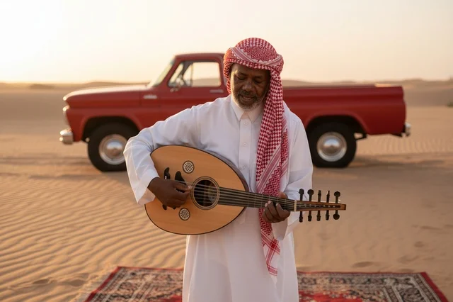 Saudi Man Playing Oud in Desert with Red Truck