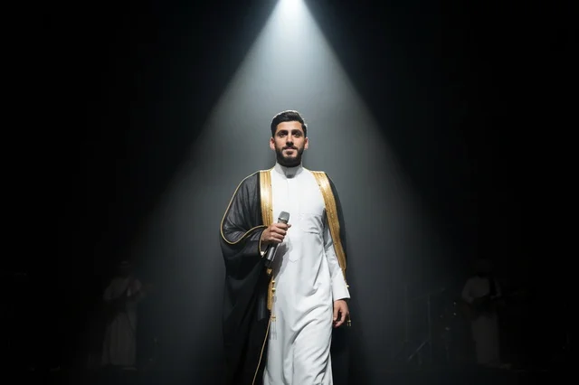 مغني سعودي بالبشت التقليدي على المسرح تحت الأضواء