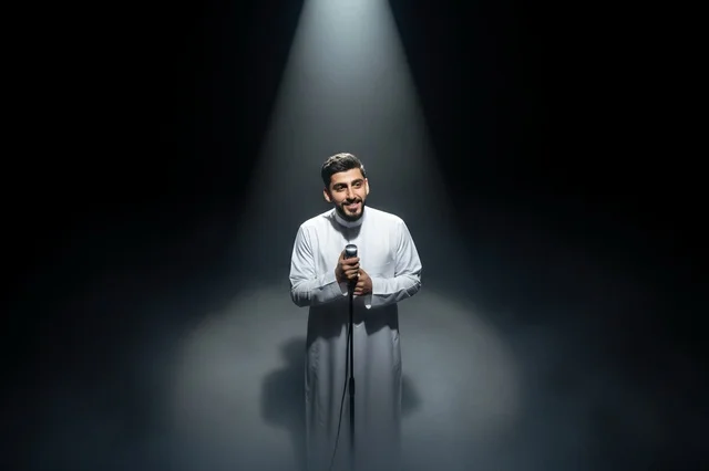 Saudi Man in Traditional Thobe on Stage with Microphone