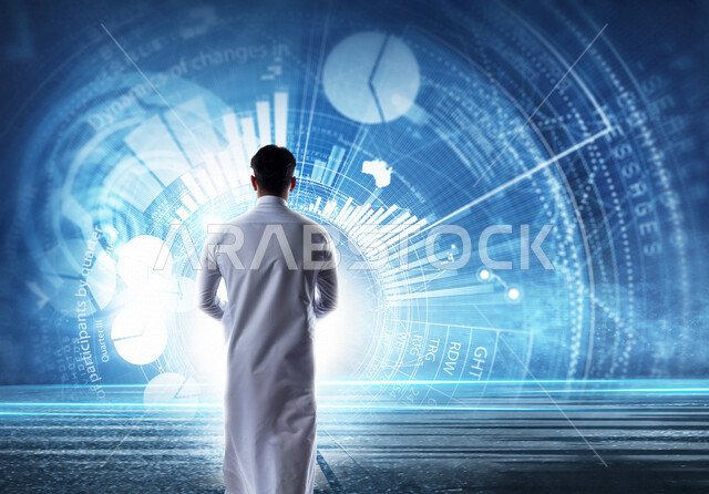 صورة من الخلف لمحلل بيانات عربي خليجي سعودي يعمل في وظيفة مطور ويب أمام عناصر هولوجرامية ثلاثية الابعاد خاصة بالتطبيقات المالية ، تطوير و بناء المواقع الالكترونية الاقتصادية و الاحصائية ، أكواد برمجية لبناء تطبيقات الهواتف الذكية