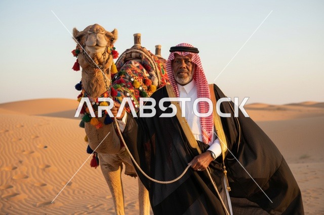 رجل سعودي مع جمل في الصحراء يرتدي البشت التقليدي
