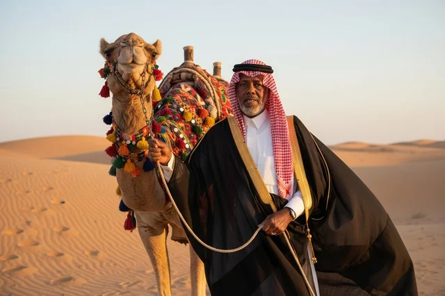 رجل سعودي مع جمل في الصحراء يرتدي البشت التقليدي