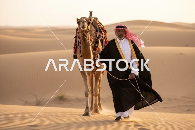 رجل سعودي مع جمل في الصحراء وقت الغروب