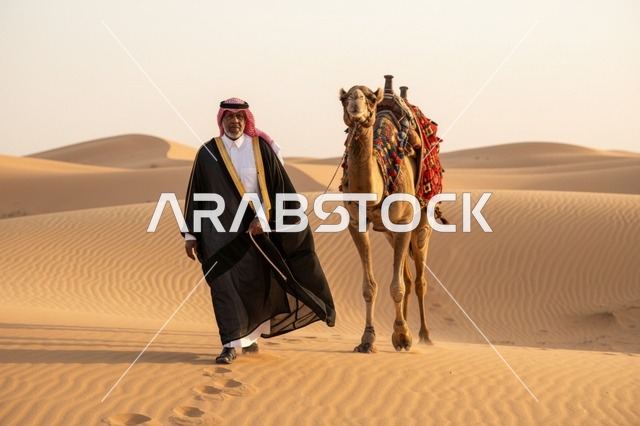 Saudi Man Walking with Camel in Desert Traditional Bisht