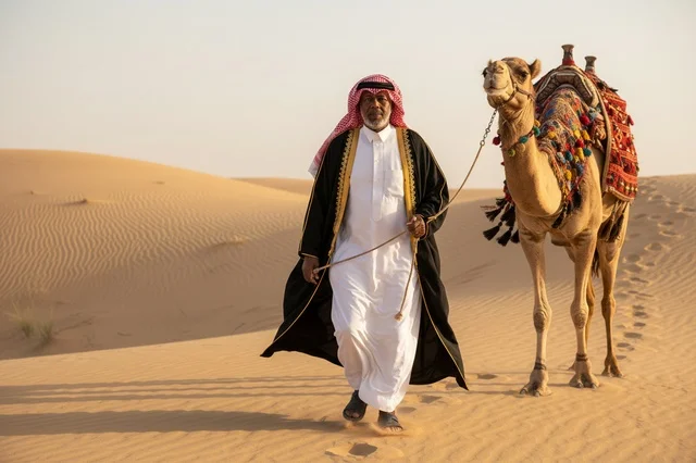 Saudi Man in Traditional Bisht Leading Camel in Desert