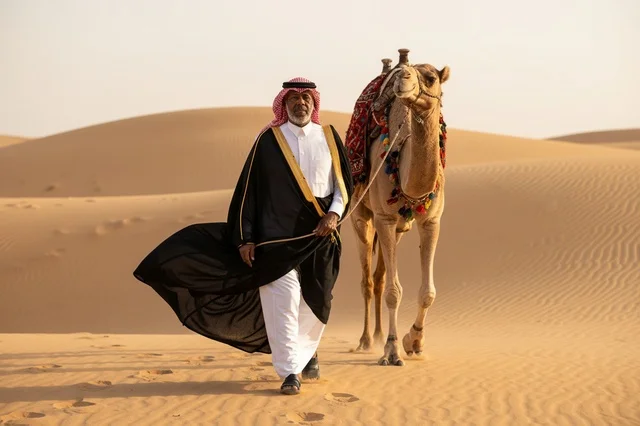 رجل سعودي بالبشت التقليدي يقود جملاً في الصحراء