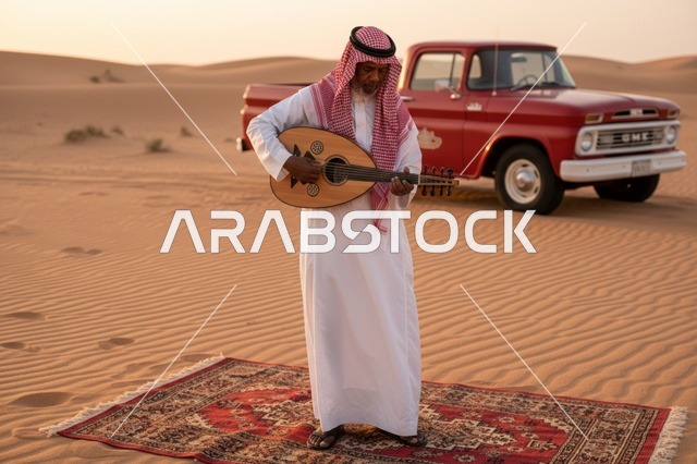 رجل سعودي يعزف العود في الصحراء مع سيارة كلاسيكية