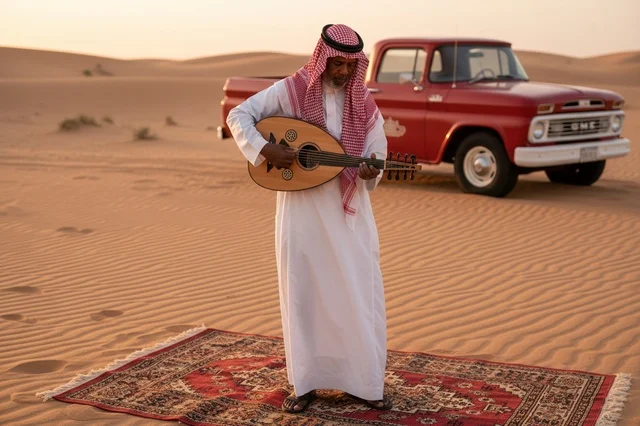 Saudi Man Playing Oud in Desert with Vintage Truck