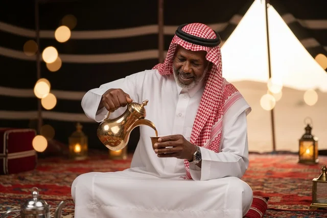Senior Saudi Man Pouring Arabic Coffee in Heritage Tent