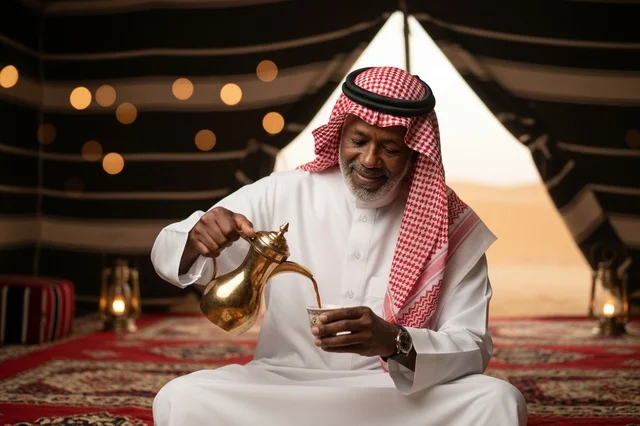 رجل سعودي يصب القهوة العربية التقليدية في خيمة