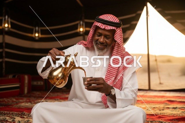 رجل سعودي يصب القهوة العربية في خيمة تراثية