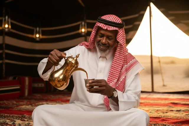 رجل سعودي يصب القهوة العربية في خيمة تراثية
