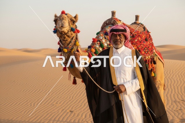 رجل سعودي مع جمل مزين في الصحراء
