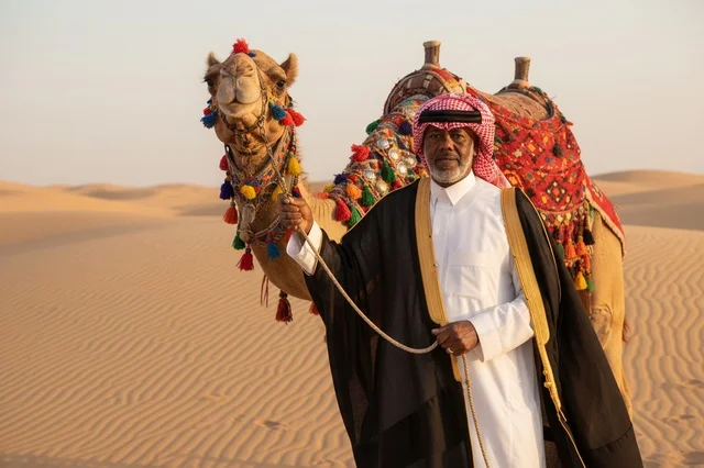 Saudi Man with Decorated Camel in Desert