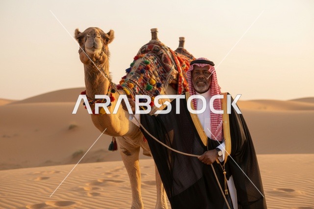 رجل سعودي مسن مع جمل في الصحراء وقت الساعة الذهبية