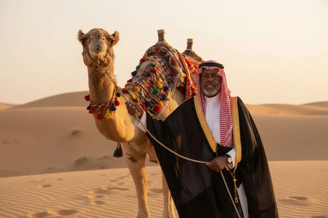 Elderly Saudi Man with Camel in Desert at Golden Hour