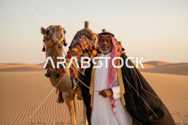 رجل سعودي مع جمل في الصحراء وقت الغروب