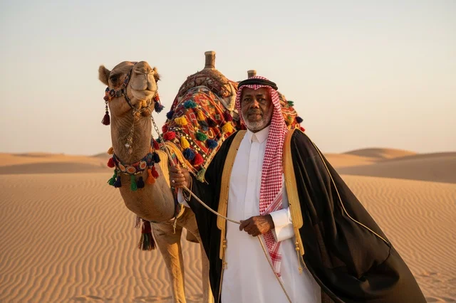 رجل سعودي مع جمل في الصحراء وقت الغروب