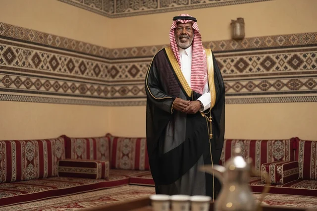 Saudi Senior Man in Traditional Bisht Inside Majlis
