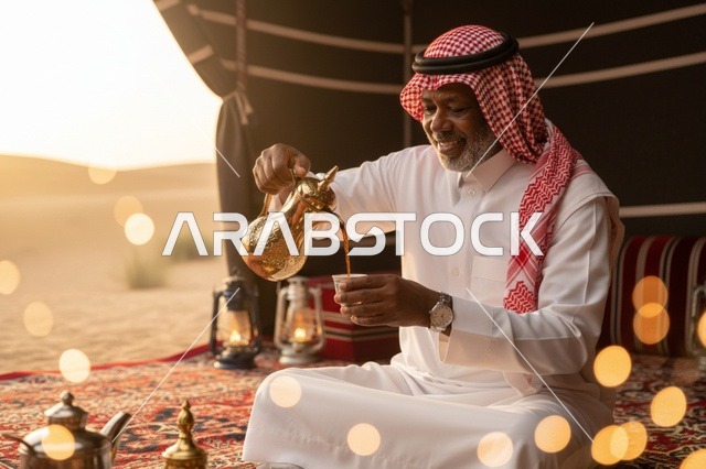 رجل سعودي يصب القهوة العربية في خيمة صحراوية