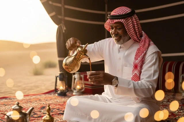 Saudi Man Pouring Arabic Coffee in Desert Tent