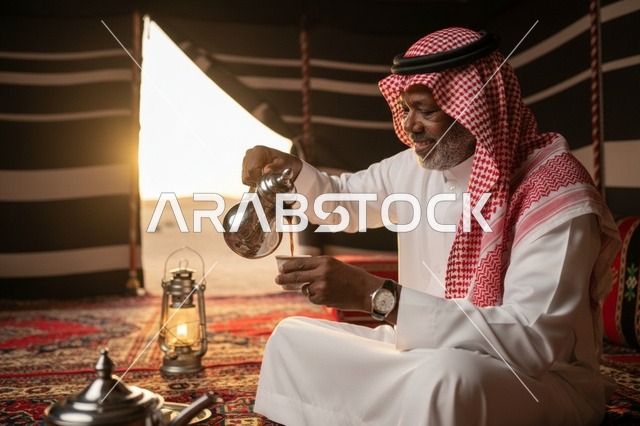 رجل سعودي يصب القهوة العربية في خيمة صحراوية