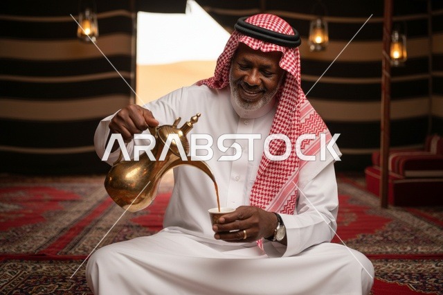 رجل سعودي يصب القهوة العربية في خيمة تراثية