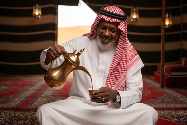 Saudi Man Pouring Arabic Coffee in Traditional Tent