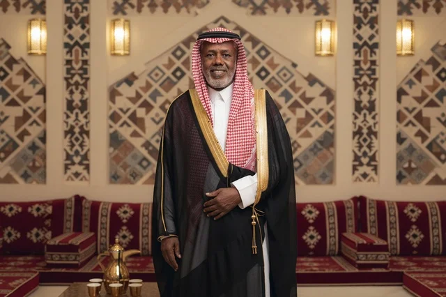 Saudi Man in Traditional Bisht Inside Heritage Majlis