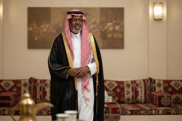 Elderly Saudi Man in Traditional Bisht and Majlis