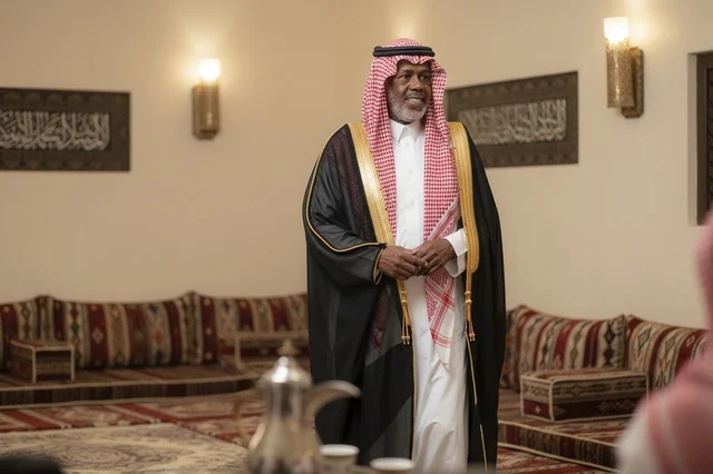 رجل سعودي مسن بالبشت التقليدي داخل المجلس