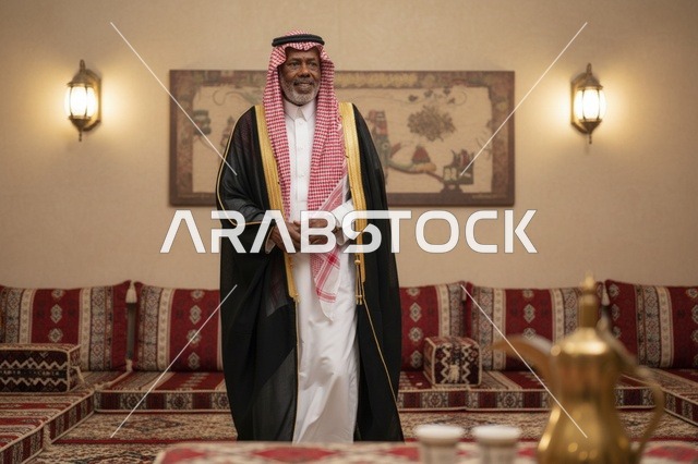 رجل سعودي مسن بالبشت الرسمي في مجلس تراثي