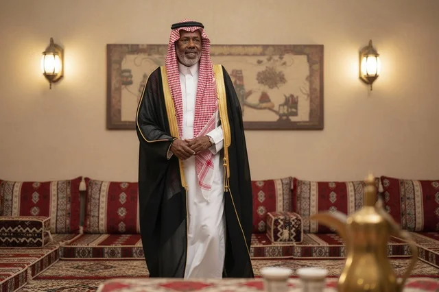 رجل سعودي مسن بالبشت الرسمي في مجلس تراثي