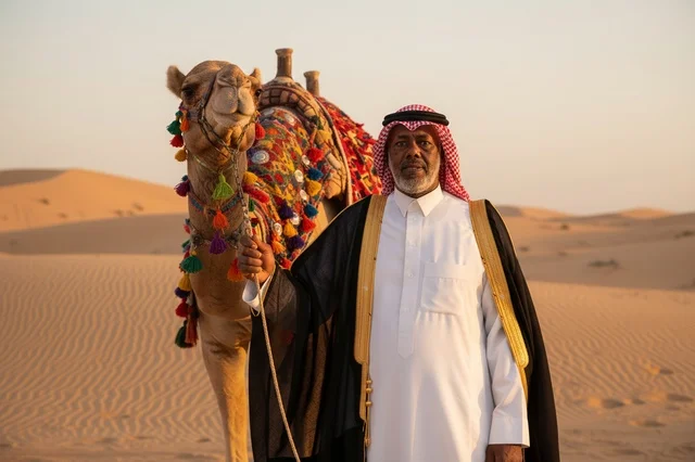 رجل سعودي بالبشت التقليدي مع جمل في الصحراء