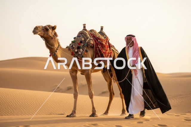رجل سعودي مع جمل في الصحراء وقت الغروب